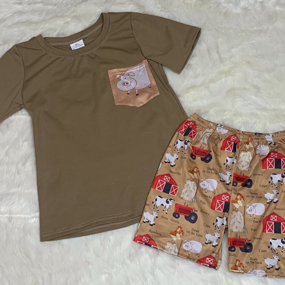 Kids Farmyard Matching Set - Brown Tee & Printed Shorts